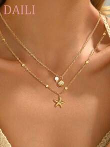 DAILI 18K Gold Plated Shell Necklace, Multi-Layer Starfish Shell Pearl Pendant, Non-Oxidizing Stainless Steel Adjustable Chain, Suitable For Summer Beach Vacation, Mother's Day Gift For Her - Yellow Gold - View 2