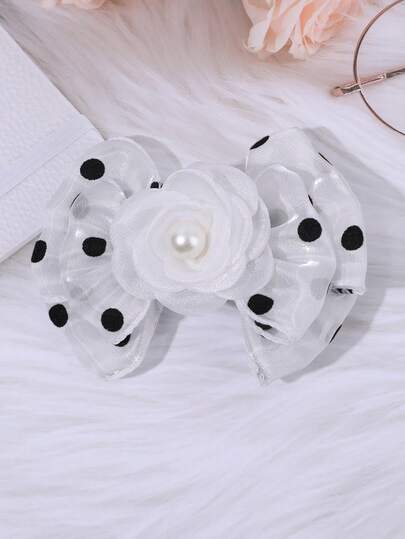 1pc Camellia Decor Hair Bow For Women Black Polka Dots Bow Alligator Clip White Mesh Hair Clip Elegant Wedding/Vacation Barrette Boho Style Hairpin Spring Flower Hair Bow Women Hair Accessory