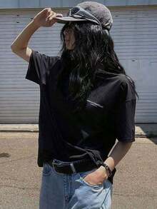 Camiseta holgada y casual de mujer con estampado de eslogan y hombros caídos de manga corta, camiseta de verano oversize, tops estilo universitarioLeisure - Negro - Ver 1
