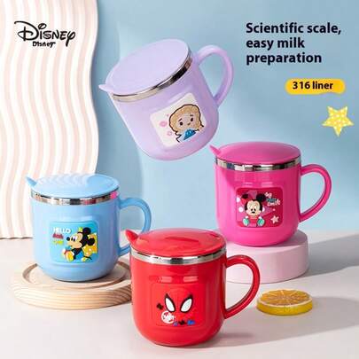 Disney Taza de leche de acero inoxidable 316 con escala, taza de desayuno a prueba de caídas para niños, taza de leche para bebés
