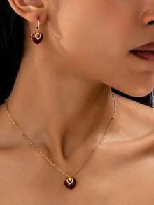 Bộ 3 món Ankla màu đỏ nhỏ giọt, phong cách Pháp tối giản thanh lịch dành cho nữ, dây chuyền hình trái tim dễ thương và bông tai, quà tặng ngày Valentine. - Đỏ - Xem 4