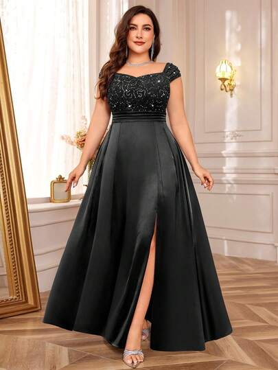 大码亮片蕾丝缎面拼接开衩下摆晚礼服，适合情人节、夏季、婚礼宾客、毕业舞会、生日、晚宴、毕业典礼等场合。