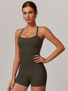 MASKERT "2-Piece Set"Spring And Summer Women's Sports Suit Vest Fitness Suit Tight Running Suit High Stretch Fitness Yoga Suit Home Casual Comfortable Skin Friendly - 橄欖綠 - 查看 6