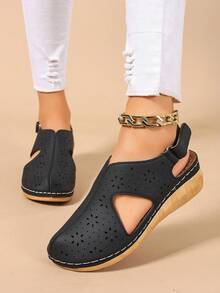 Dép xăng đan nữ bằng da PU khoét lỗ, kiểu dáng thường ngày, thích hợp cho mùa hè và hoạt động ngoài trời. - màu đen - Xem 4