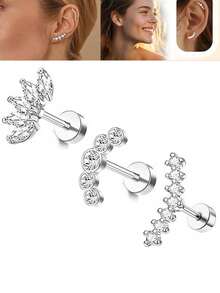 3 piezas de 16G Pendientes de cartílago de espalda plana para mujeres, conjunto de pendientes de oreja de acero inoxidable con ópalo CZ y concha, pendientes de hélice y trágus, pendientes de barra con diseños de flor, serpiente y hoja - pendiente de plata - Ver 1