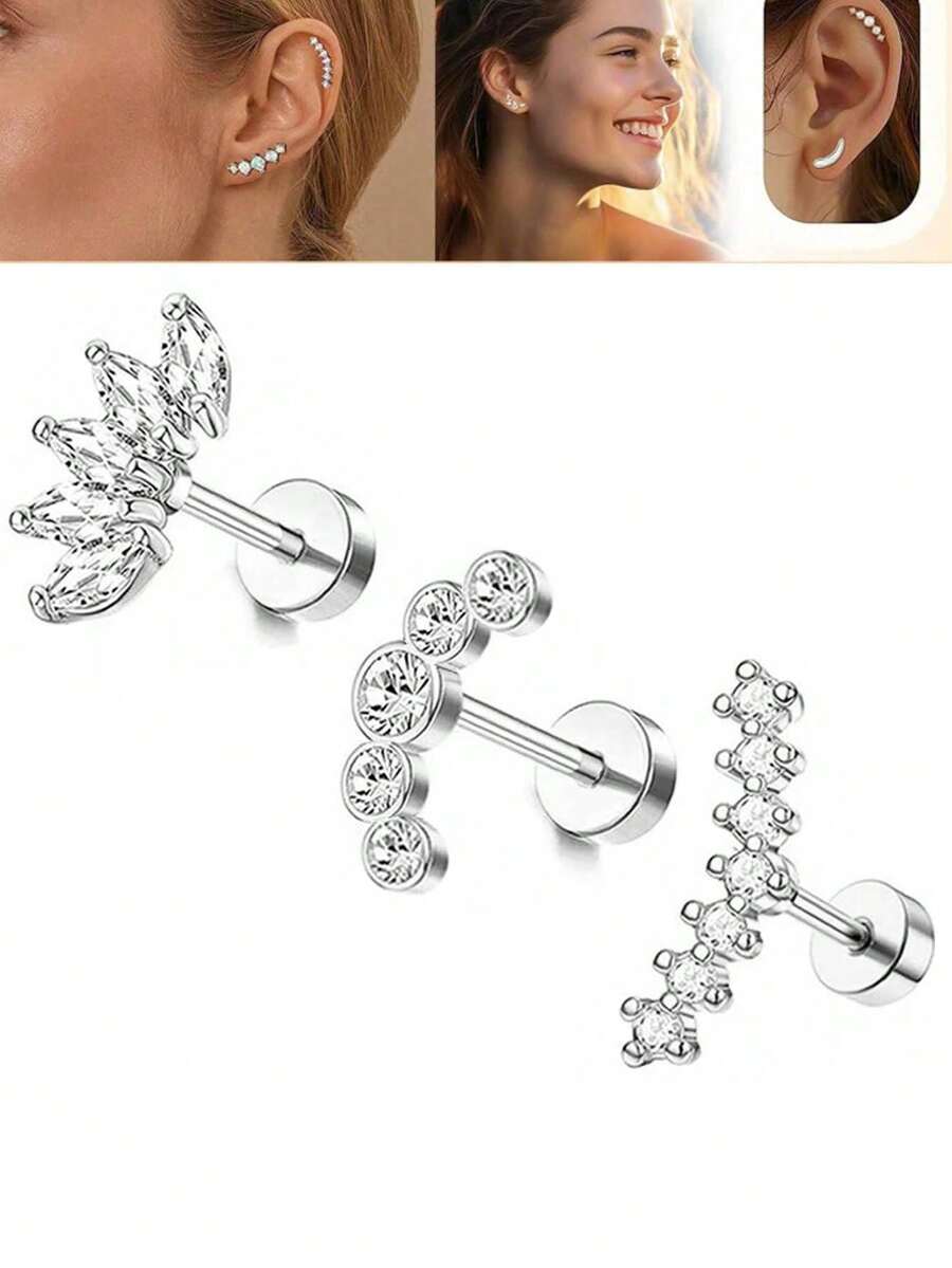 3 piezas de 16G Pendientes de cartílago de espalda plana para mujeres, conjunto de pendientes de oreja de acero inoxidable con ópalo CZ y concha, pendientes de hélice y trágus, pendientes de barra con diseños de flor, serpiente y hoja - pendiente de plata - Ver 1