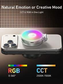 TELESIN Upgraded 4-In-1 Magnetic RGB Selfie Ring Light With Mirror And Phone Holder, Rechargeable Portable Clip-On Fill Light, Compatible With IOS And Android Phones, Suitable For Vlogging, Makeup, Photography, Live Streaming - Silver - View 4