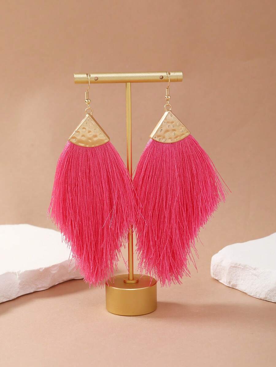 1 Đôi bông tai hợp kim thủ công tối giản kiểu Bohemian màu đỏ huỳnh quang, xanh navy, xám, đỏ hồng, hồng ngọc trai hình tam giác, thích hợp đeo hàng ngày. - Màu Hồng Tươi - Xem 1