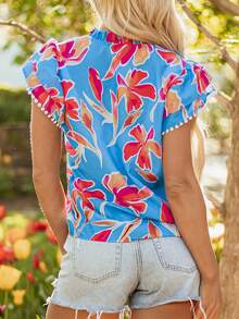 天蓝色花卉印花V领毛球饰边荷叶袖衬衫 - 藍色 - 查看 4