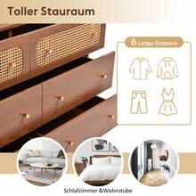 Chest Of Drawers With 6 Drawers, Rattan Sideboard/Highboard For Bedrooms And All Living Areas, Walnut - H90/W120/D40 Cm - Khaki - View 9