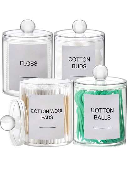 Clear Acrylic Qtip Holder With Labels–Shatterproof Plastic Apothecary Jars For Bathroom Organization–Vanity Swab Holder Canisters For Balls, Pads, Floss Picks-Minimalist Decor