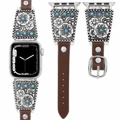 Vintage Turquoise Floral Element Leather Band Compatible With Apple Watch Series 45678/SE