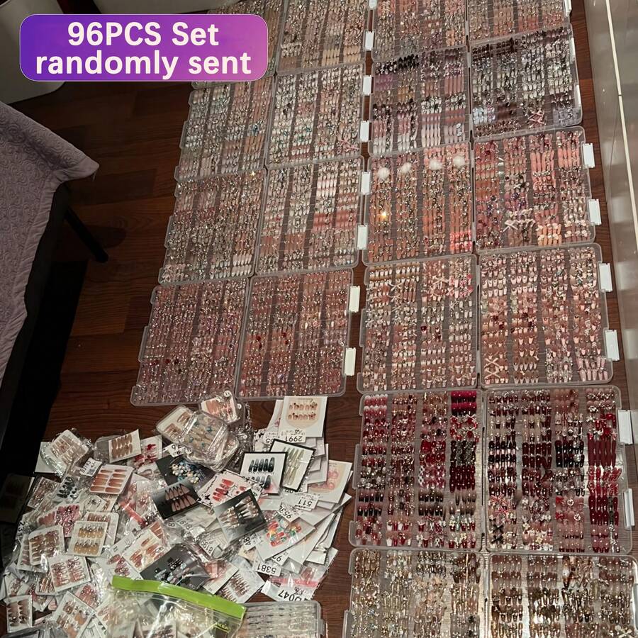96 Piece Nail Art Random Combination Set, Fashionable Mixed Colors,Nails Come In Different Lengths And Sizes Are Universal- High-End Texture. Wearable Nail Polish, Multi-Color Nail Art, False Nail Art. - 96pcs - 查看 1