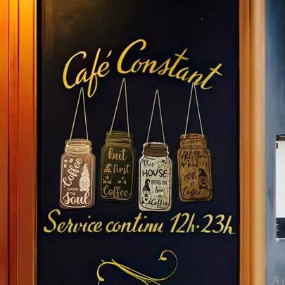 4件套流行家居装饰木质春季主题创意家居挂饰，复古时尚经典木质咖啡字母牌，乡村风格木质牌匾，适用于家居和厨房装饰