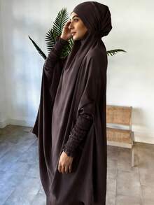 两件套穆斯林女性祈祷服套装，长袖宽松长袍，祈祷头巾，适合节日穿着 - 彩色 - 查看 16