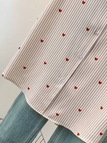 Women's Short Sleeve Striped Shirt With Heart Print Pointed Collar - Casual Elegant Office Commute Daily Wear, Spring/Summer - Brown Short-sleeved Shirt - View 7