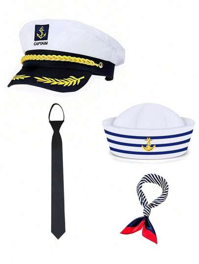 1 Set Captain Hat, Party Costume Hat, Sailor Hat, Navy Hat, Solid Color Hat, Sailor Cap, Round Top Six-Piece Brim Hat, Glasses, Scarf, For Party, Festival, Navy