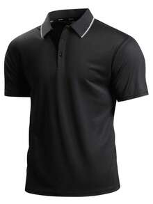 1pc Men's Black Polo Shirt With Contrast Collar, Knit Breathable Fabric, Business Casual Style Suitable For Office, Golf, Weekend - Black - View 10