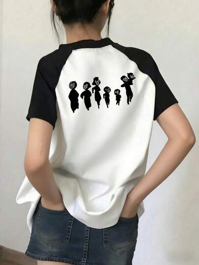 夏季新款 Z 世代 Y2K 趣味卡通印花圆领撞色插肩短袖女童T恤