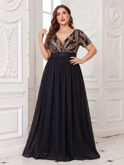 UNITHORSE 大码女士优雅V领短袖收腰亮片拼接雪纺鸡尾酒会礼服