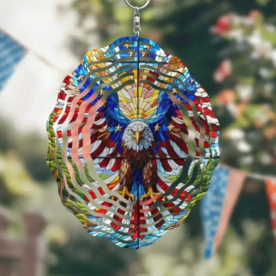 爱国雄鹰风车摆件，生命之树风车悬挂式装饰品，适用于庭院和花园，独特礼物，铁艺材质 - 鷹 - 查看 1