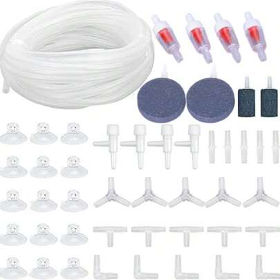 Bộ phụ kiện bơm khí bể cá 48 món, bao gồm ống silicon trong suốt 6m, đá sủi, van một chiều, van điều chỉnh, giác hút và các đầu nối I/T/L/Y.
