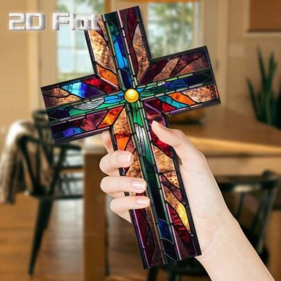 2D Flat 1pc Vintage Cross Hanging Decoration - Stained Glass Effect Wooden Home & Garden Decor (8X12 Inches / 20X30 Cm) Holiday Decoration, Pastor Gift, Multifunctional Vintage Decor, Wooden Ornaments, Colorful Design