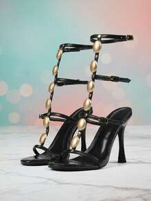Elegant High Heel Strappy Sandals For Women Pearl Decor Open Round Toe Stiletto Black High Heels Roman Sandal T Strap Buckle Jewelled Slip On Party Bridal Wedding Dressy Business Casual Fashion Work Comfy Outdoor DatingGladiator Easter Gifts Spring Womens Summer Sandals - 黑色 - 查看 7