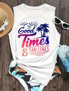 Good Times And Tan Lines Women'S Graphic Tank Top -  Sleeveless T-Shirt With Colorful Beach Theme Design - Perfect For Summer, Vacations, BBQs, And Casual Wear - Soft, Comfortable Fabric - trắng - Xem 1