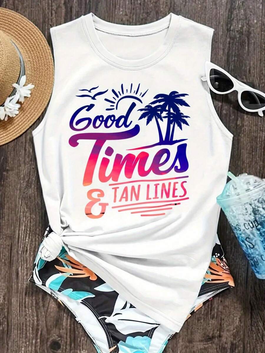 Good Times And Tan Lines Women'S Graphic Tank Top - Sleeveless T-Shirt With Colorful Beach Theme Design - Perfect For Summer, Vacations, BBQs, And Casual Wear - Soft, Comfortable Fabric - trắng - Xem 1