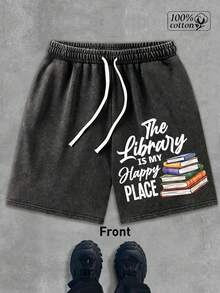 Casual Style Men's Vest Set The Library Is My Happy Place Book Stack Design Summer Wear For Book Lovers And Students - 黑色 - 查看 4
