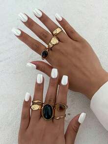 8pcs Vintage Geometric Jade Inlaid Ring Set, Women's Chunky Metal Gold Color Rings, Suitable For Women's Daily And Party Decoration, Gift Jewelry Set - 黃金 - 查看 2