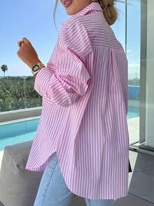 1pc Polyester Striped Asymmetric/Asymmetrical Pocket Blouse Top, Casual Office Wear For Spring, Summer, Autumn, Women's Versatile Work Attire, Summer Pink Outfit, Commute Casual Shirt - Pink - View 4