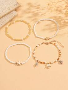 4pcs/Set Summer Bohemian Ocean Style Beaded Shell Anklet, Fashionable Alloy Shell Decor Foot Jewelry For Women, Suitable For Daily Wear And Beach Party. The Shape, Size And Surface Pattern Of The Shells Are Random. - Multicolor - View 2