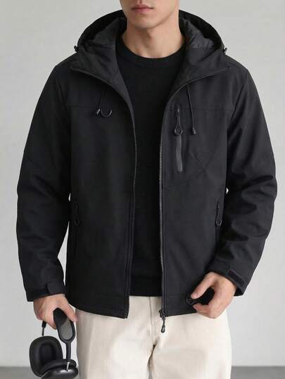 男士连帽拉链夹克，耐用抗起球面料，多口袋户外休闲功能衫，适合徒步旅行、露营等活动。