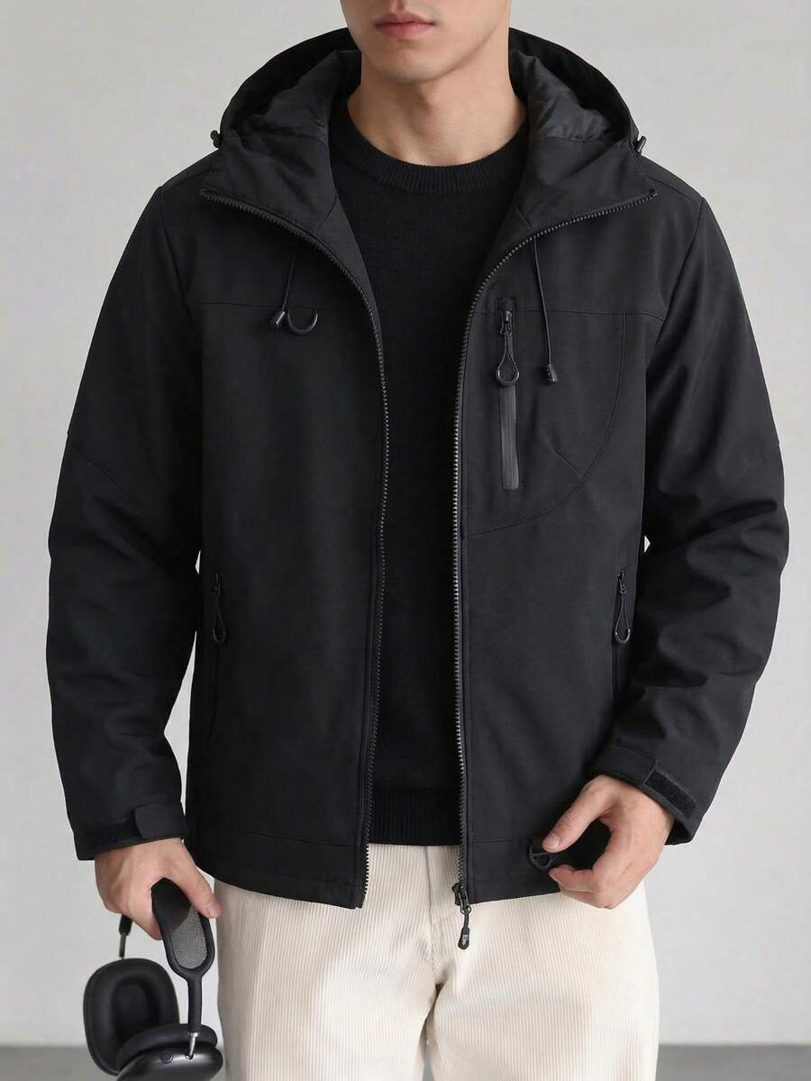 男士连帽拉链夹克，耐用抗起球面料，多口袋户外休闲功能衫，适合徒步旅行、露营等活动。 - 黑色 - 查看 1