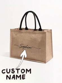 1pc Customized Name & Pattern Large Personalized Beach Tote Bag, Women's Gift Tote Bag, Ladies Travel Cosmetic Storage Bag, Customized Name Linen Tote Bag | Personalized Bridesmaid Proposal Gift | Reusable Beach And Shopping Tote Bag | Linen Bag Women's Gift, Wedding And Holiday Gift - Multicolor - View 4