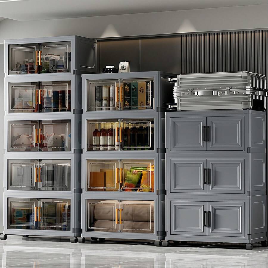 Stackable Foldable Storage Bins With Lids Wheels And Doors - Versatile Storage Container & Storage Cabinet, Practical Kitchen Essentials & Closet Organizers For Home Office Dorm Garage - Portable Collapsible Organizer Boxes - Grey - View 1