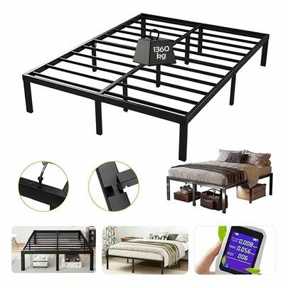 almacenamiento plegable de alta calidad de 36 cm en negro, soporte de dormitorio resistente al desmontaje, tubo de acero portátil silencioso engrosado con tubos de acero silenciosos de 11 patas Plegable Bases De Cama Matrimonial 190cm*136cm*35.6cm Negro Base de cama doble,