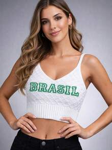 Cropped Tank Top Blouse, Brazil World Cup Fan Club, Core Knit, Cross Stitch, Night, Holiday, Daily, World Cup - 藍色 - 查看 2