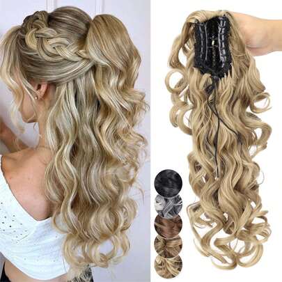 Tóc giả đuôi ngựa dạng kẹp móng vuốt tổng hợp 18 inch, kiểu sóng nhẹ, giúp tăng độ dày cho tóc, màu xám, vàng, nâu, đen, thích hợp sử dụng hàng ngày.