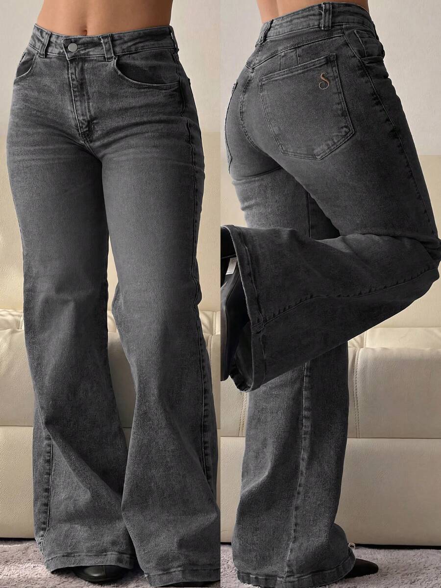 Womens Casual Long Denim Jeans With Flare Leg Washed Details And Pockets Slight Stretch - 灰色 - 查看 1