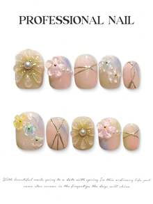 10 móng tay giả thủ công họa tiết hoa Nhật Bản mùa xuân, màu ombre nude pastel với hoa 3D, ngọc trai và dây vàng, móng ngắn vuông/oval, móng acrylic giả cho mùa hè, tựu trường, đám cưới, kèm keo dán và dũa móng, dụng cụ làm móng DIY. - Hồng - Xem 4