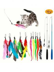 12件套宠物猫玩具套装，彩色羽毛逗猫棒带铃铛，可替换羽毛玩具，互动式室内猫玩具，小猫圣诞礼物，人造纤维羽毛，猫用羽毛，宠物游戏，趣味猫咪配件，轻巧设计，宠物专用材质，柔软羽毛，逗猫棒，猫主人，宠物爱好者 - 彩色 - 查看 2
