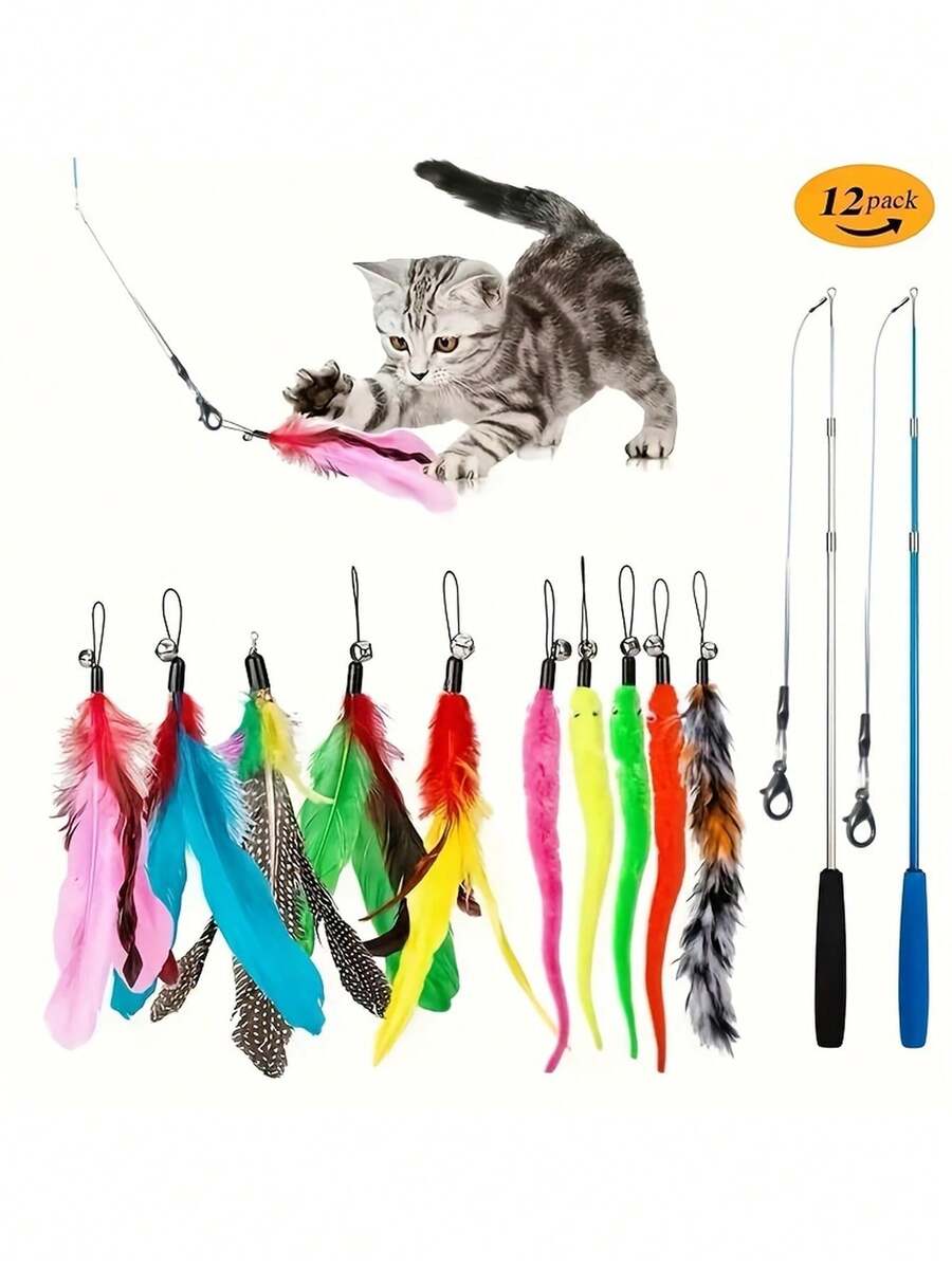 12件套宠物猫玩具套装，彩色羽毛逗猫棒带铃铛，可替换羽毛玩具，互动式室内猫玩具，小猫圣诞礼物，人造纤维羽毛，猫用羽毛，宠物游戏，趣味猫咪配件，轻巧设计，宠物专用材质，柔软羽毛，逗猫棒，猫主人，宠物爱好者
