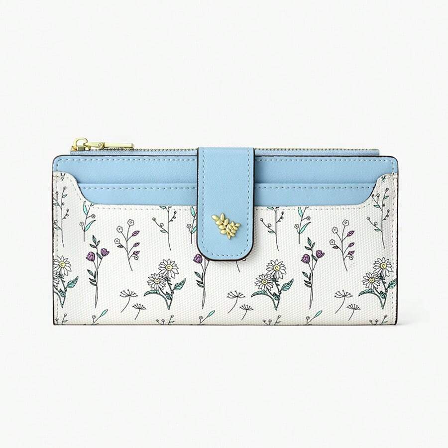 Suphiar Ví dài in hoa, có khóa kéo, dạng gập, thích hợp cho nữ, dùng làm ví đựng tiền, ví du lịch mùa hè. - Màu xanh lam - Xem 1