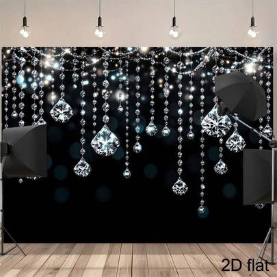 2D平面印刷派对横幅，1件装，闪亮银色背景横幅，黑银相间背景布，带银色闪光，非常适合婚礼装饰，高清印刷背景，派对用品墙面装饰，完美适用于直播背景、派对装饰、生日周年纪念，以及房间、花园、庭院装饰，易于悬挂，适合室内外场景，2D平面