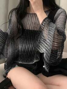 女士休闲百搭渐变色宽松喇叭袖开襟针织衫，适合春秋季穿着 - 黑與白 - 查看 6