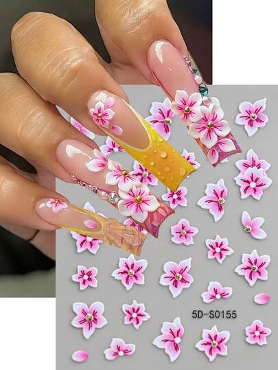 1Sheet 5D Pink Blossom Floral Nail Stickers Spring Summer Cute Petal Nail Sliders Bronzing Tropical Flowers Nail Charms Art Decoration
