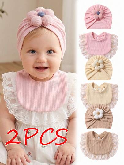 2pcs Candy Color Soft & Skin-Friendly Baby Bibs & Hats Set, Suitable For Daily Wear In Spring/Summer, Newborn Accessories
